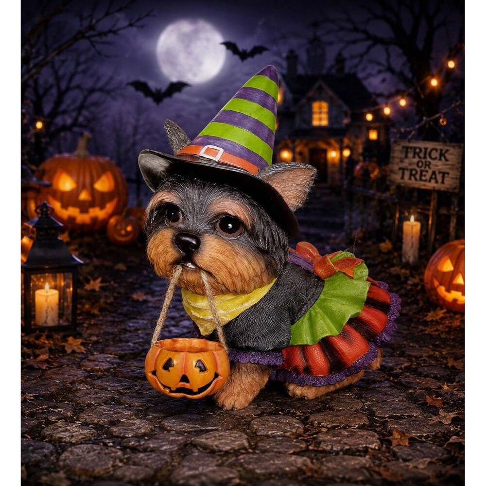 VTG Cracker Barrel Halloween Yorkshire Terrier Witch Dog Pumpkin Outdoor Decor